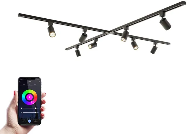 HOFTRONIC railverlichting pakket X-vorm – 4x 1 meter rail – 8 RGBWW GU10 railspots – dimbaar – aluminium zwart – IP20 – modulair – 230V – led railsysteem woonkamer keuken
