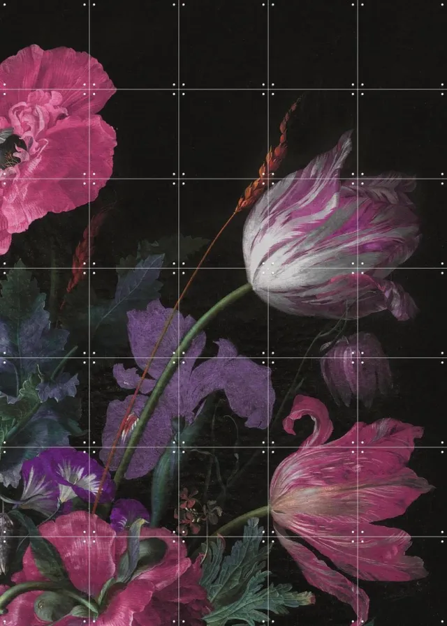 IXXI Golden Age Moody Florals II, Bloomery Decor - 100 x 140 cm - Grote wanddecoratie en posters - Klassiek, Olieverf, Eetkamer, Woonkamer Roze / Donkere tinten