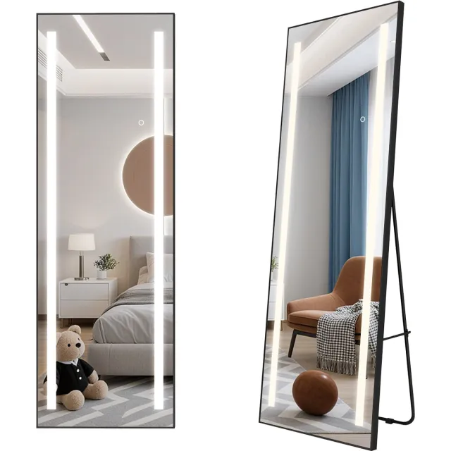 Puluomis Staande Passpiegel - LED-verlichting - Minimalistische Design Wandspiegel - 50 x 150 cm Zwart - Aluminium Frame HD Mirror - Kleedkamer Spiegel - Metalen Rand