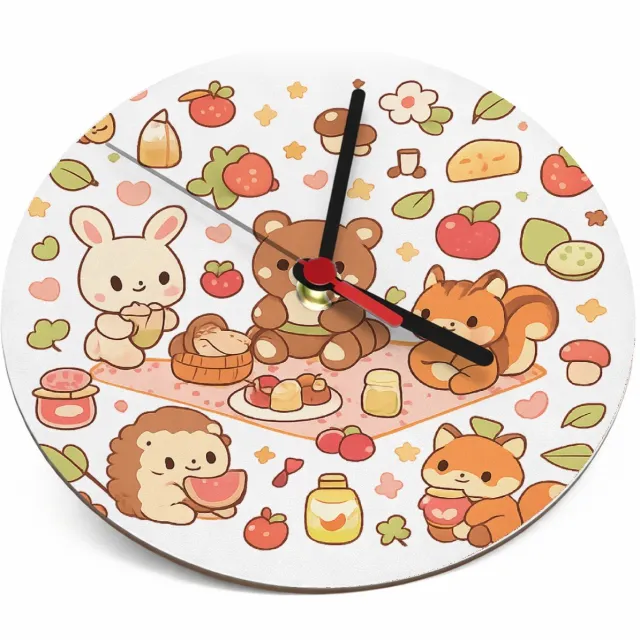 Mr Cadeautjes Klok rond Ø 19 - design Een vrolijke set kleine bosdieren die samen picknicken tusse | cadeau Wit