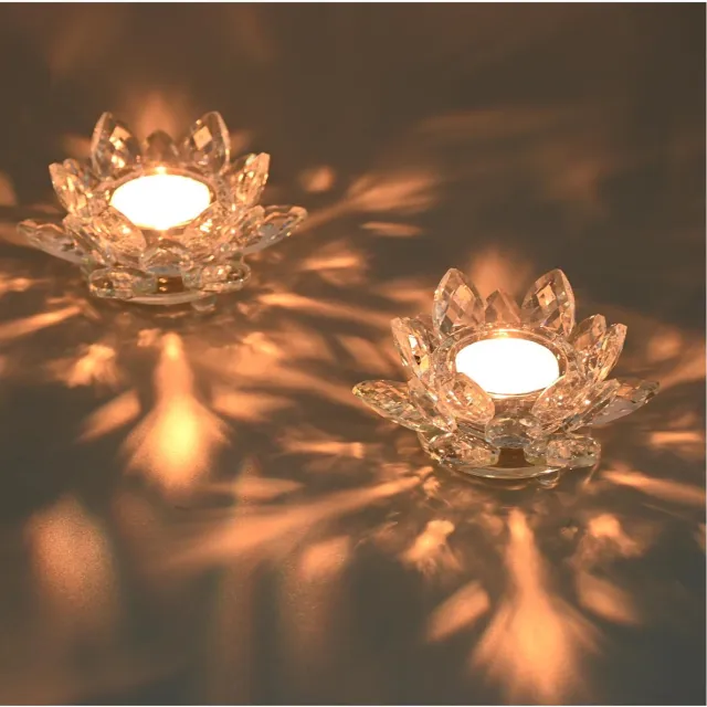 Famanu Kristallen theelichthouder in lotus bloemvorm, glazen waxinelichthouder voor kerstdecoratie, bruiloften en thuisfeestjes, set van 2 Zwart