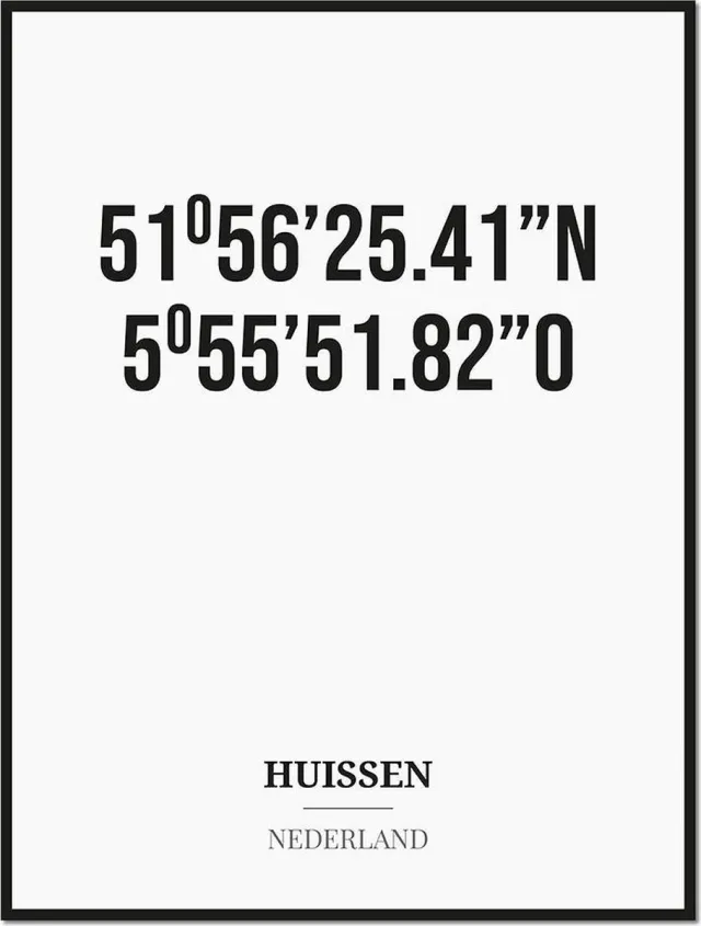 Studio216 Poster/kaart HUISSEN met coördinaten zwart, wit