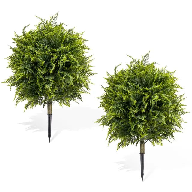 Triumpunpre Set van 2 Kunstmatige Topiary Bomen met Grondpen – Bolvormige Varenboom – Kunstplant voor Buiten 90 cm – PE – Onderhoudsvrij – Tuin, Terras & Entree 90*60 cm geen