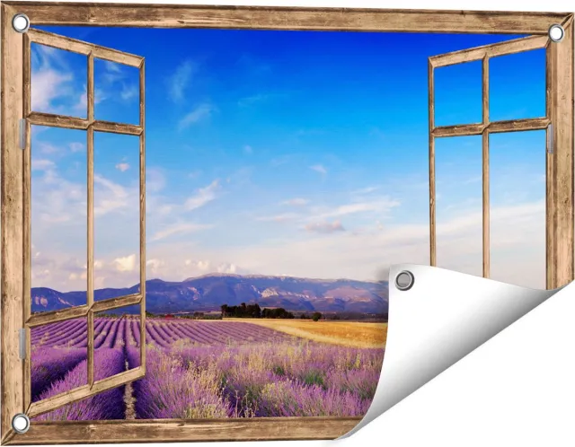 Gards Tuinposter Doorkijk Raam met Lavendel Veld - 60x40 cm - Tuindoek - Tuindecoratie - Wanddecoratie buiten - Tuinschilderij Licht bruin