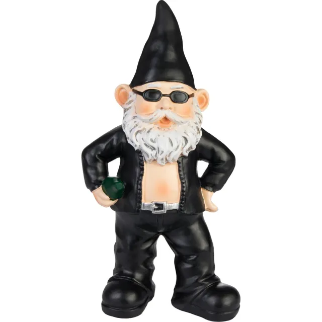 Brubaker Coole Tuinkabouter Biker Zwart - Rocker Kabouter met Zonnebril en Skuljacket - Grappig Tuinbeeldje - Weerbestendige Decoratie voor Tuin Camping en Buiten - 24 cm hoog