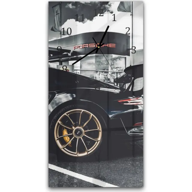 Mydesignglas Grote Glazen Wandklok XXL Porsche GT3 RS Zwart - Verticaal 30x60 cm - Stille Klok voor Woonkamer & Keuken - Modern Design - Gehard Glas