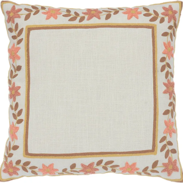 Urbane Hide Kussenhoes | Kussenhoesjes | Sierkussen | 50x50 cm | BloemLijn Geborduurde | Katoen en acryl | Beige met oranje | Zonder binnenkussen