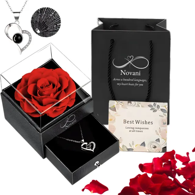 Novani Eeuwige Roos Cadeau - Sieraden Doos + Silver/Rose Hartjes Ketting - Verjaardag Cadeau Vriendin - Romantisch Cadeau - Valentijn Cadeautje voor Haar - Moederdag Cadeautje Zwart - Rood - Silver - Rose
