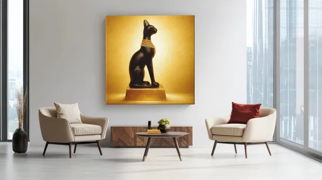 Trendex Global Vierkant Canvas Schilderij Egyptische Kat Bastet - Goud Design - Mystieke Kunst - Luxe Wanddecoratie - 40 x 40 cm