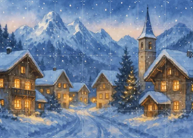 IXXI Winters Dorp In De Alpen, Natalie Bruns - 140 x 100 cm - Grote wanddecoratie en posters - Realisme, Gang, Eetkamer, Trap, Kerst, Winter, Sneeuw Blauw