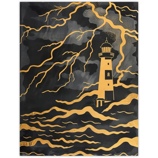 Unyqoos Luxe muurposter met vuurtoren en bliksem in goudtinten voor badkamerdecoratie, zwart-goud