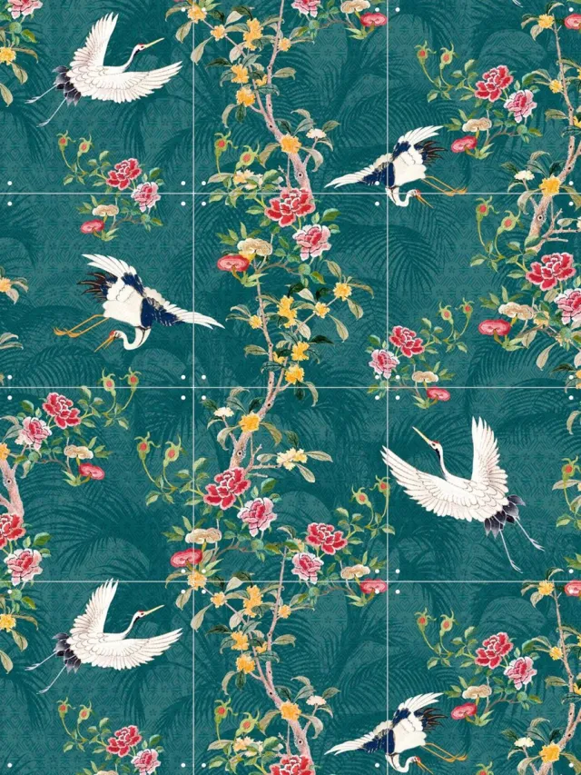 IXXI Chinoiserie Cranebirds, Bloomery Decor - 60 x 80 cm - Grote wanddecoratie en posters - Illustraties, Ornamenteel Ontwerp, Kleurrijk, Vintage, Art Groen