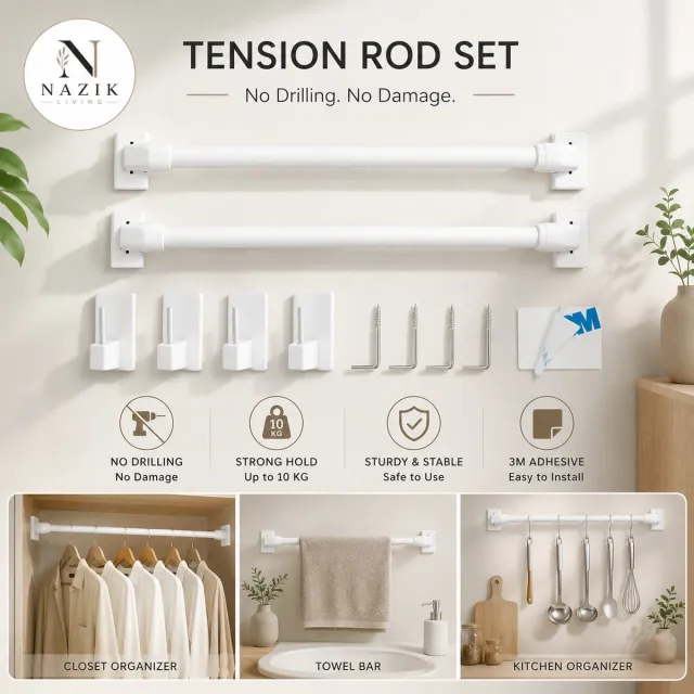 Nazik Living 2 Stuks Uittrekbare Beglazingsstangen Zonder Boren - Verstelbare Gordijnstang voor Ramen - PVC - Zelfklevend - Wit (40-70 cm)