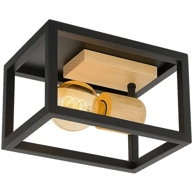 Globo Plafondlamp Retro houten lamp zwart frame Plafondspot verstelbaar, metaal naturel kleur 1x E27, HxLxB 14,5x22x22 cm