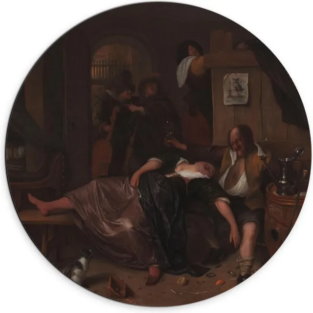 KuijsFotoprint Dibond Wandcirkel - Oude Meesters - Het dronken paar, Jan Havicksz. Steen, ca. 1655 - 1665 - 70x70cm Foto op Aluminium Wandcirkel (met ophangsysteem) Bruin
