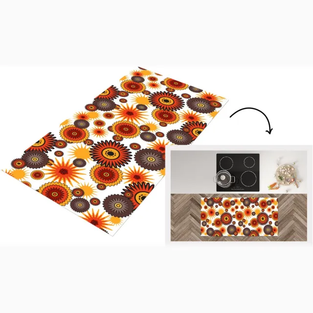 KitchenYeah Keukenloper 120x60 cm - Keukenmat vinyl Design - Retro - Oranje - Bloemen - Keukenmatten loper - Keuken vloerkleed tapijt