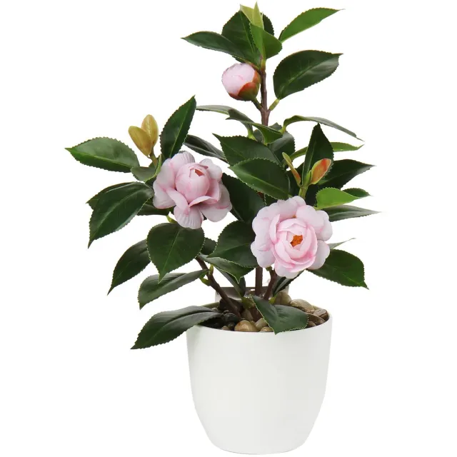 Ibenzoa Kleurrijke Kunstmatige Camelia Kamerplant met Levensechte Bloemen in Kunststof Pot voor Interieurdecoratie roze