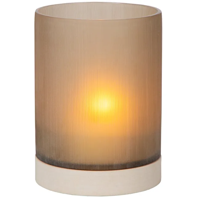 Atmooz Lionel kaarsenhouder M – Ø16 × H22 cm – zandsteen met glazen kap – compacte hurricane – moderne kaarsenhouder – natuurlijke warme woonaccessoire – stijlvolle candle holder voor woonkamer of hal Zandkleur
