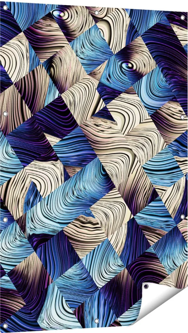 Gards Tuinposter Abstracte Kunst met Blauwe en Gouden Ruiten - 80x120 cm - Tuindoek - Tuindecoratie - Wanddecoratie buiten - Tuinschilderij Multikleur