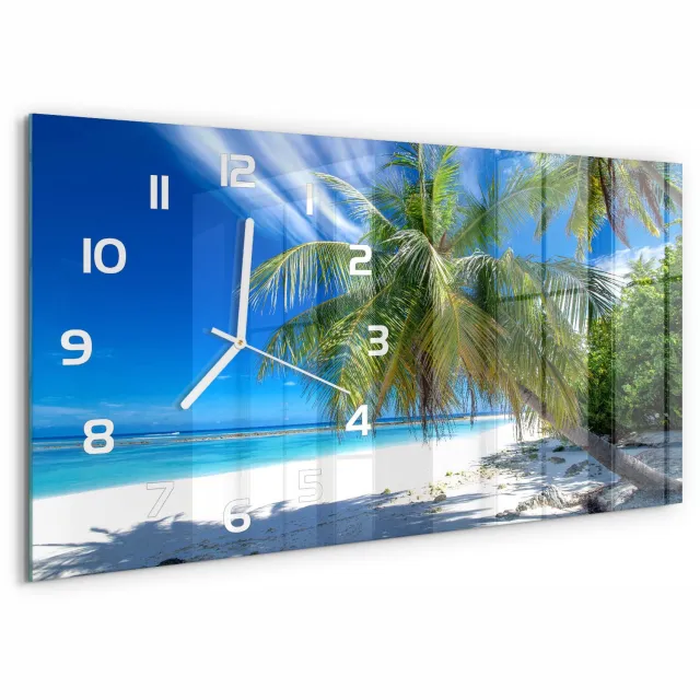 TULUP Wandklok - Tropisch strand Glazen Wandklok Design - 60x30 cm - Blauw Klok Glas Met Opdruk - Witte handen - Rechthoekige Klok - Wandklok Glas Met Motief - Decoratieve Glazen Klok