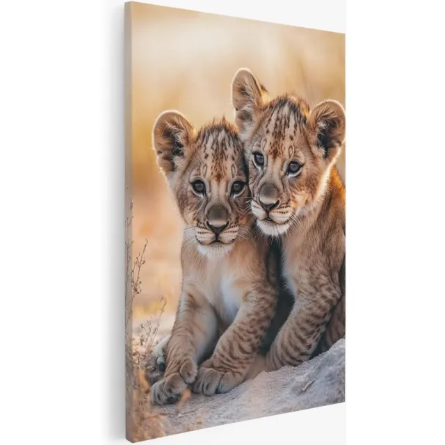Saammp Canvas Schilderij - 2 Leeuwen welpen - Dieren - Natuur - 40x50 - Foto op canvas - Wanddecoratie - Muurdecoratie Woonkamer - Slaapkamer decoratie - Canvas Print Multicolor