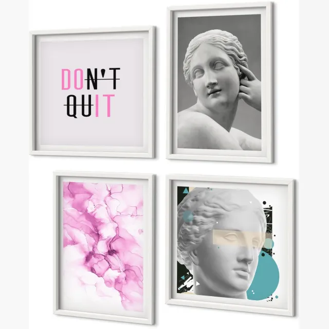 Coloray 4-Delige Schilderij Set - Aquarel Abstracte Inspirerende Slogan Antieke Beelden - 40 x 40 En 40 x 60 - Muurdecoratie - Schilderijen Set - Woonkamer - Decoratieve Schilderijen Witte lijst