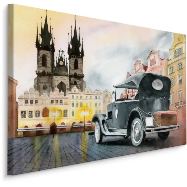 karo-art Schilderij - Oldtimer in de stad , print op canvas, Premium print Multikleur