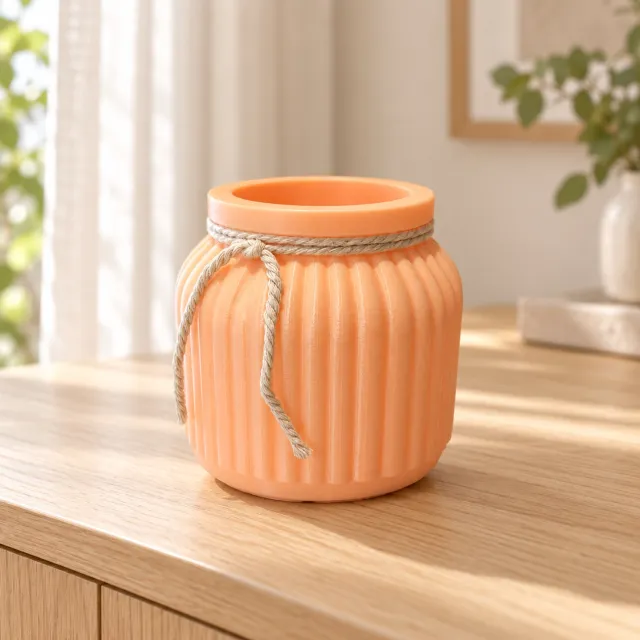 printlab3D Peach Bloom – Geribbeld vaasje met koord – Perzikkleur – 9,5 × 10 cm