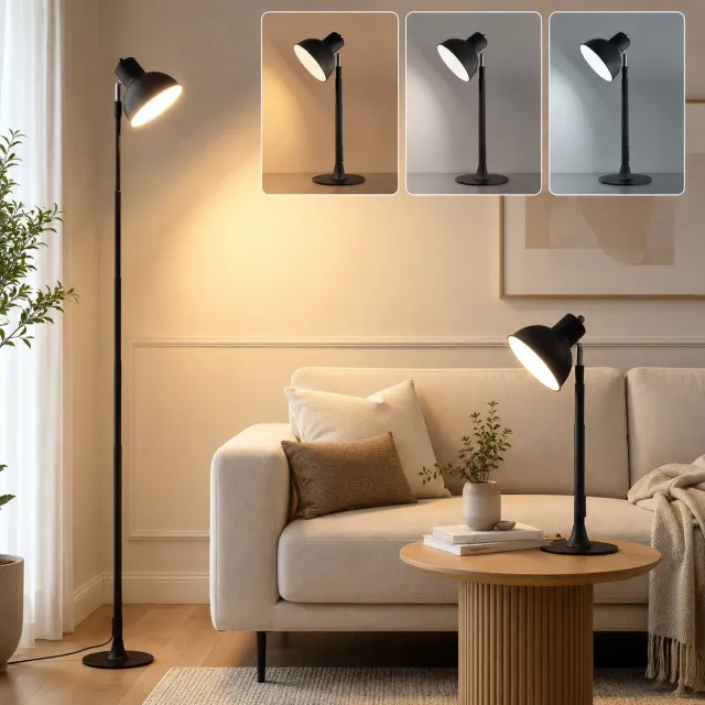 LAPAMAX 2-in-1 Bureaulamp met Hoogte Verstelbaar 45-145 cm - Dimbare Leeslamp met 150° Verstelbare Lampkop - 3 Lichtkleuren & Traploos-Tafellamp/Vloerlamp voor Thuiswerk, Studie en Woonkamer - USB Voeding Zwart