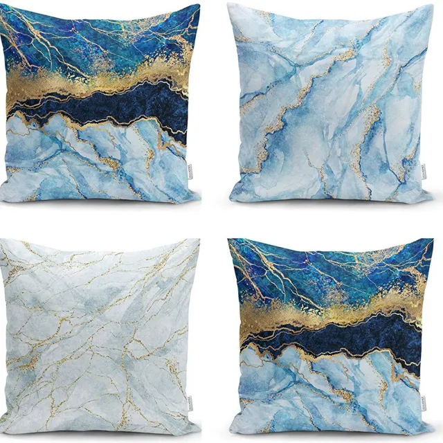 Zethome Kussenhoes Vierkantjes - Dubbelzijdig Bedrukt – Soft Touch – 43 x 43 Blauw Marmer - 4 stuk