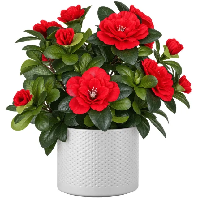 Mica Decorations Kunstplant - Azalea rood - H27 cm - in witte bloempot - keramiek - complete set van pot en plant - decoratie stuk
