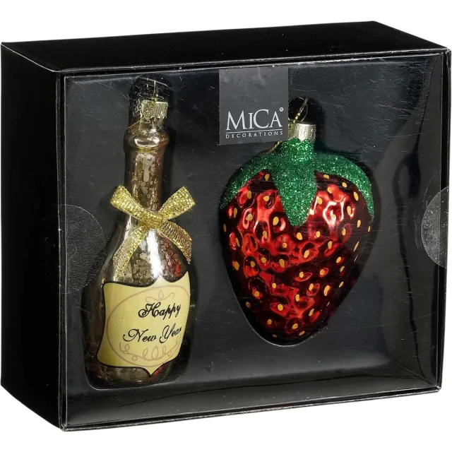 Mica Decorations Mica Kerstornament Set Champagne Aardbei rood