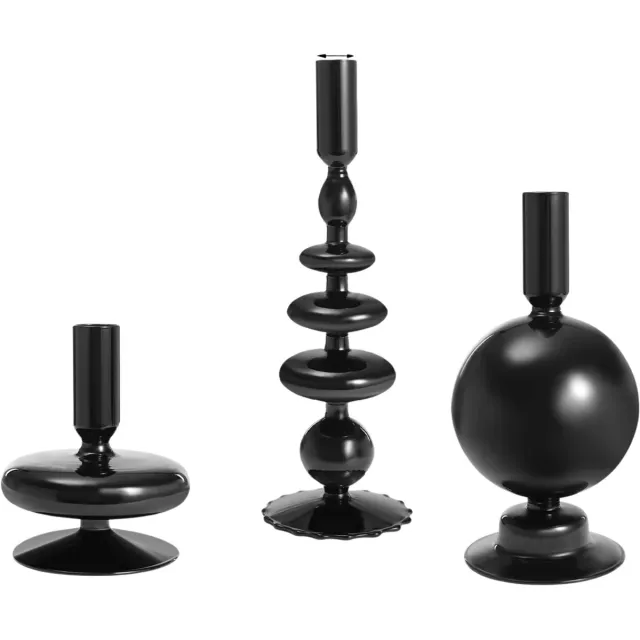 Happiq Set van 3 Glazen Kandelaars – Zwarte Kaarsenhouders voor Bruiloften, Diners, Feesten en Woondecoratie – Zwart Black