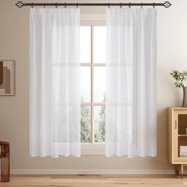 Ibenzoa Gordijnen met plooiband in linnenlook, set van 2, transparant en elegant voor slaapkamer wit