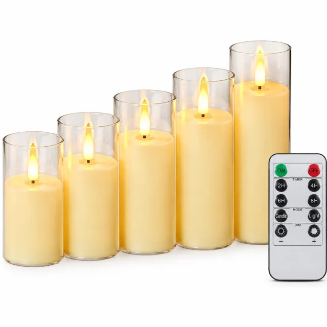 SWGOTA led kaarsen, set van 5, ivoorkleurig met transparante huls en vlamvormige LED, afstandsbediening, diameter 5,5 cm, hoogtes 10/12,5/15/17,5/20 cm, voor feestdecoratie