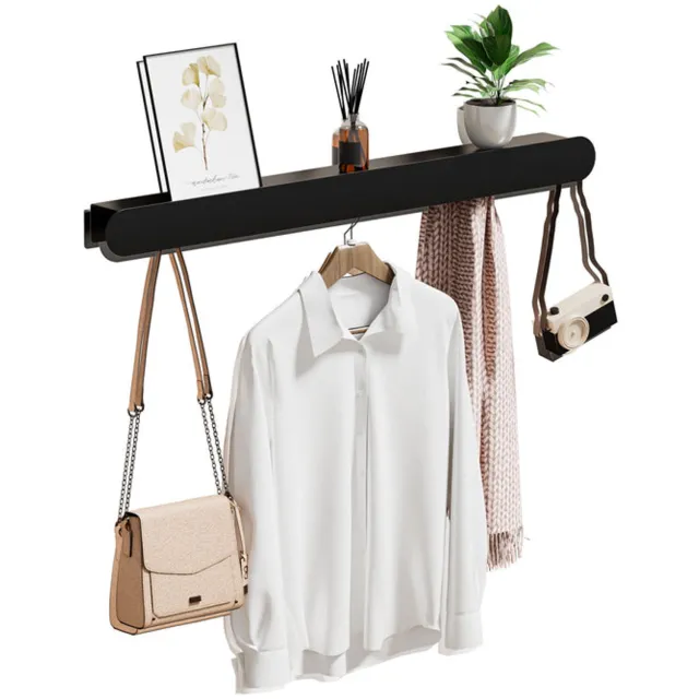Eleganca Wandkapstok met Plank - Kapstok Hangend - Metaal - 11 Verborgen Haken - 80 cm - Zwart - Jassen - Handdoeken- Tassen -Sleutels