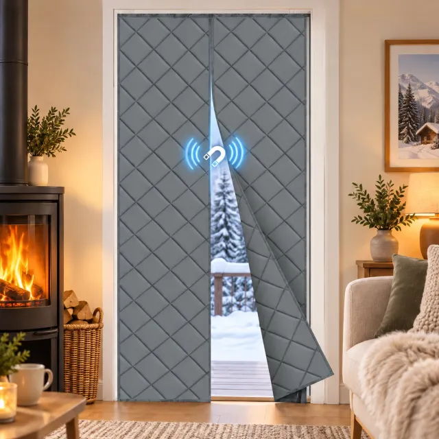 LAPAMAX Magnetisch Thermisch gordijn kant en klaar- 3-Laags Isolerend Dikke gordijnen - Zelfsluitend, Winddicht, Geluidsdempend - Zonder Boren - Scheidingsgordijn voor voor Voordeur, Terrasdeur en Garage - Grijs - 100 x 210 cm (B x H) - 1 Stuk Grijs-1 stuk