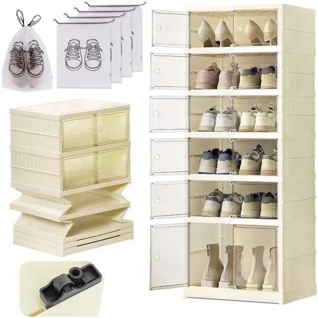 Famanu Stapelbare transparante schoenendozen met deksel, 6 lagen, afmetingen 118 x 34,5 x 44 cm, ruimte voor 12 paar schoenen tot, perfect voor georganiseerd opbergen