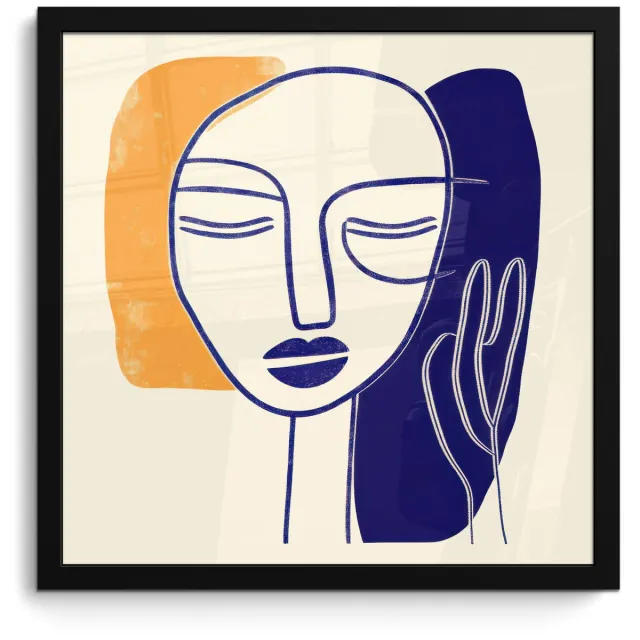 FrameYourWall Poster in lijst - Fotolijst 40x40 cm - Posters - Minimalistisch - Gezicht - Hand - Oranje - Blauw - Posterlijst zwart - Decoratie - Wanddecoratie woonkamer - Muurdecoratie slaapkamer Gezicht - Hand - Minimalistisch
