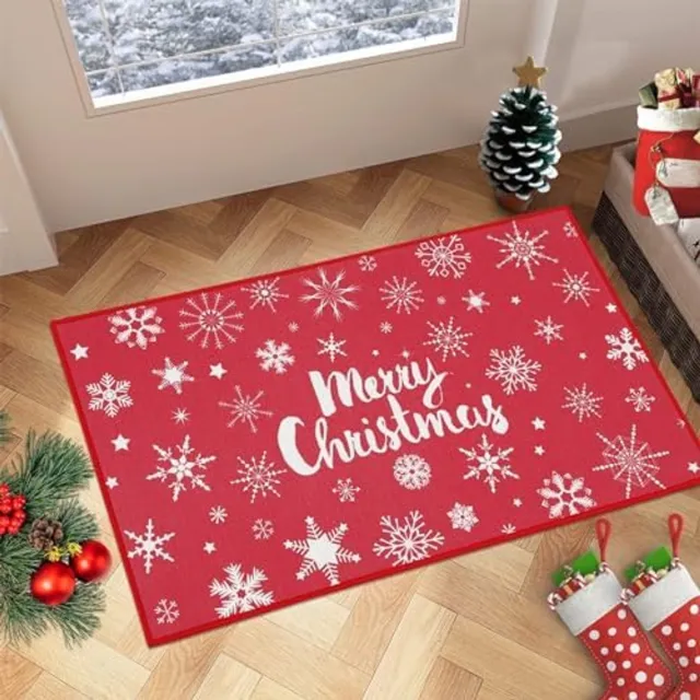 Danky Kerstmat – Antislipontwerp – Geschikt voor binnen en buiten – Sneeuwvlokmotief – Ideaal voor woonkamer, keuken en slaapkamer – Rood, 40 x 60 cm