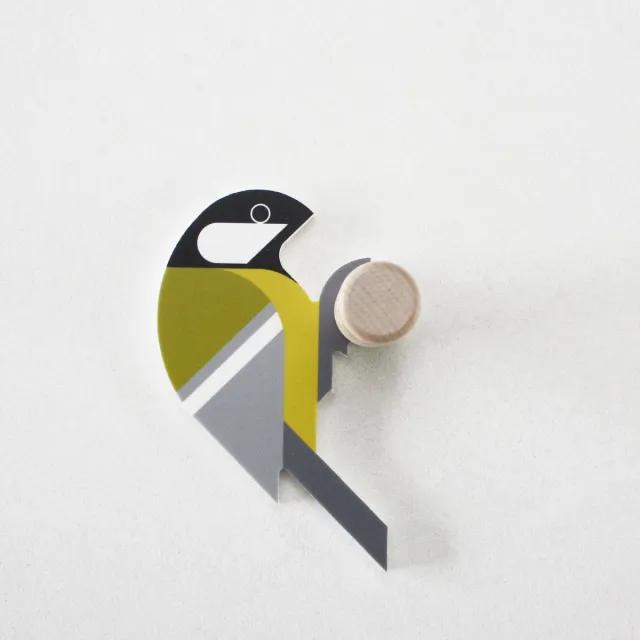 Hinghang Vogel Wandhaak / Kapstok haken - Koolmees Geel/groen, grijs, zwart, wit