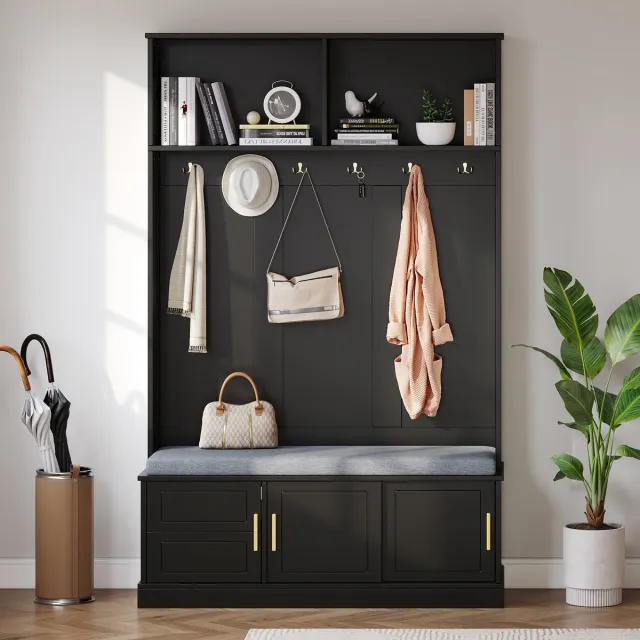 Clruro Kapstok met Schoenenbank - 120 x 40 x 191 cm - Kapstok met 6 Drievoudige Haken - Metaal - Zwart