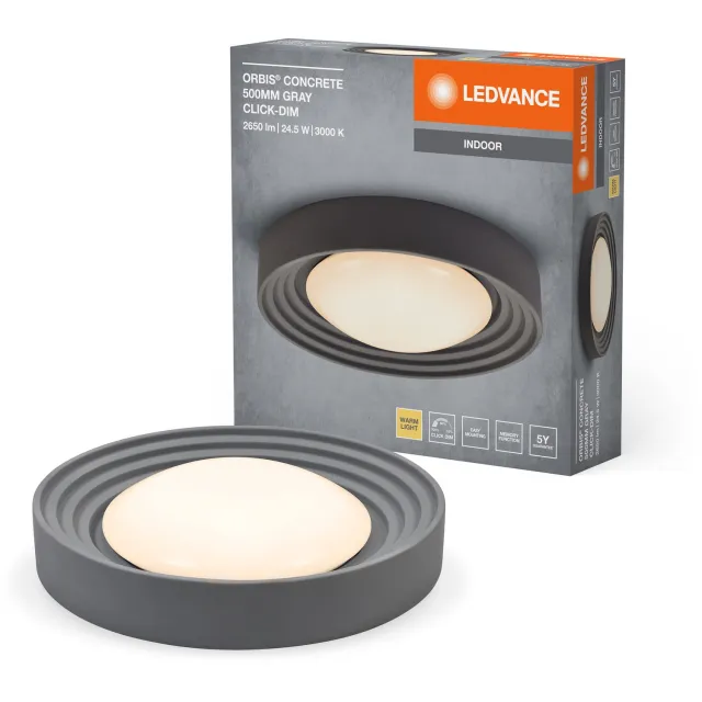 Ledvance ORBIS Concrete, grijze betonnen plafondlamp met LED, 24,5W, 1800lm, 3000K vriendelijk warm wit, dimbaar in 3 stappen door te klikken, 500mm diameter, IP20 bescherming, geschikt voor badkamers