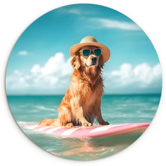 WallCircle Wandcirkel 140x140 cm - Muurcirkel Zeewater - Hond - Golden retriever - Zonnebril - Muurdecoratie woonkamer - Wanddecoratie slaapkamer - Kamer decoratie accessoires - Ronde schilderijen Hond - Surfplank