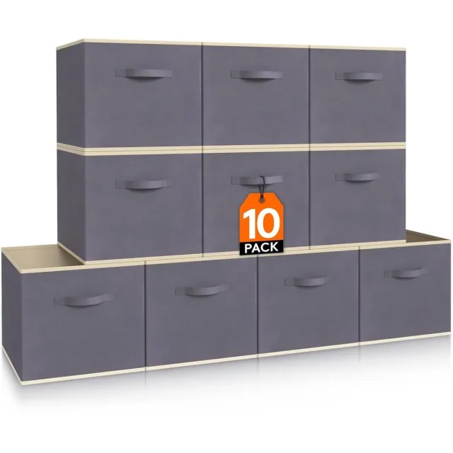 Famanu Inklapbare opbergdozen set van 10 stuks, middelgrote decoratieve opbergmanden, open kubussen met handgrepen, 26,5 x 26,5 x 28 cm, grijs