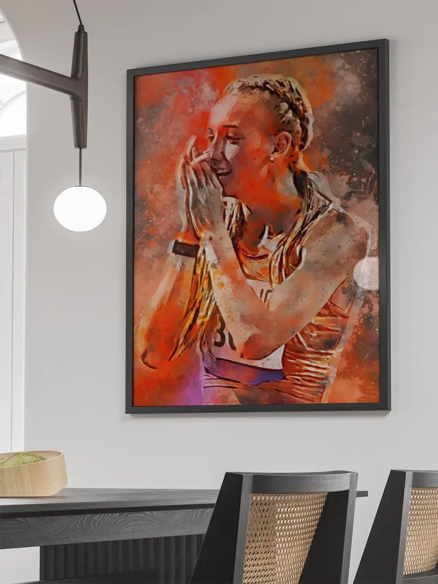 Femke Bol Wallofprints - Femke Bol poster in op A4 semi- glossy papier - 21x29.7 cm - Atletiek poster - Unieke poster van Femke Bol met donkergrijze achtergrondkleur