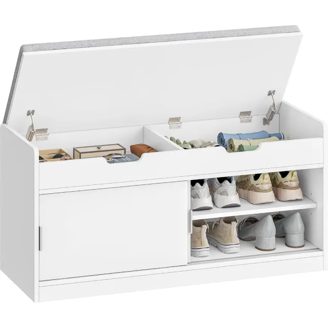 HILINSIE Schoenenbank met zitting, 40 x 100 x 50,5 cm, wit, Bank met opbergruimte, bovenste opslag, voor woonkamer, hal en entree, wit