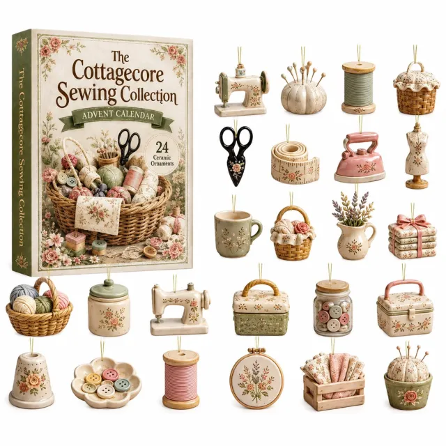 SWGOTA Adventskalender met 24 hangdecoraties in naaithema - Bloemmotieven en ophanglusjes - In doos Beige