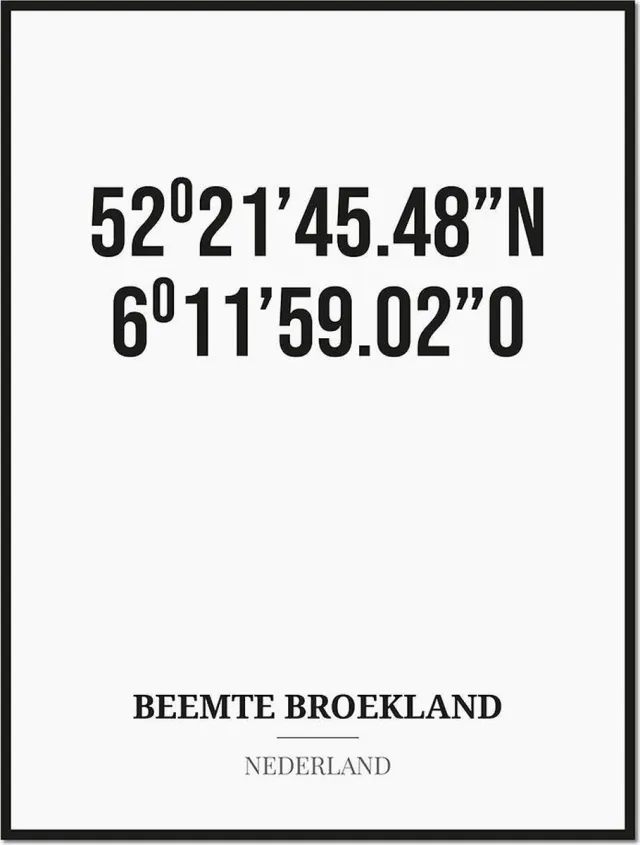 Studio216 Poster/kaart BEEMTE BROEKLAND met coördinaten zwart, wit