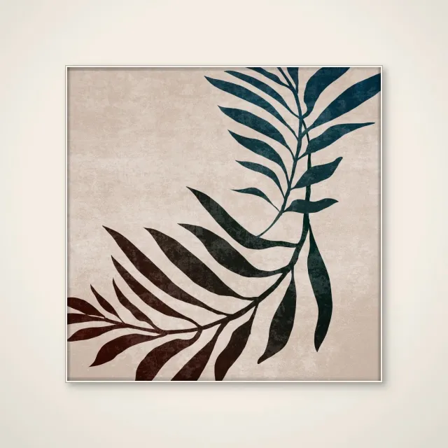 HelloWalls Akoestisch schilderij - 80 x 80 cm - Twisted Palm Leaf van Emel Tunaboylu - Botanische wanddecoratie - wit textielframe Meerkleurig